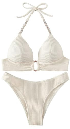 letcdfer Damen Bikini Set，Push Up Bikini Damen Set，Neckholder Triangel Bikini Tanga Sexy Badeanzug Zweiteiliger Badeanzug Bikini Mit Ring Bademode Swimsuit (82% Polyester + 18% Elastan, Stil 1)