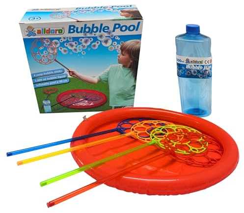 alldoro 60646 Riesen-Seifenblasen Set mit 4 Blasringen, inkl. aufblasbarem Becken Ø 48 cm & 1000 ml Flüssigkeit