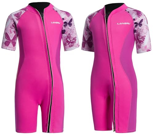 Lansru Kinder Neoprenanzug für 1-10 Jahre Jungen und Mädchen, SCR-Neopren 2mm Kurzer, sichereres Material, UV-Schutz, Frontreißverschluss für Schwimmunterricht, warmhalten in kaltem Wasser