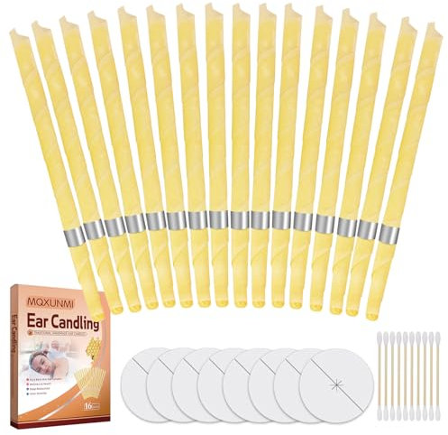 16 Ohrkerzen, Ohrkerzen-Set mit natürlichem Bio-Bienenwachs, Ohrkerzen-Set, Natürliche Ohrkerzen Bienenwachskerzen mit 8 Schutzscheiben und 20 Wattestäbchen (gelb)