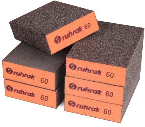 Sruhrak Blocco Abrasivo 12 Pezzi Spugne Abrasive Dure, Grana 60 Tamponi Abrasivi Riutilizzabili Bagnati e Asciutti per Legno, Plastica, Cartongesso e Metallo Polis