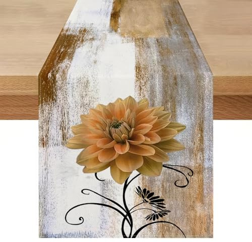 Camino de Mesa Marrón Moderno Verano Exteriores 33 x 183 Estilo Campestre Flores Dalias Retro Lavable Centro de Mesa Decorativo para Cocina Mesas de Comedor Fiesta Otoño Interior y Exterio