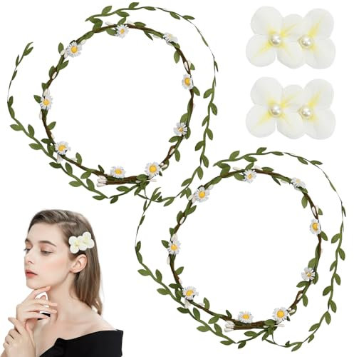 Bandeau De Couronne Florale,2 Pièces Couronnes De Fleurs Artificielles Et 2 Pièces Pince à Bec De Canard en Forme De Fleur,Bandeaux Marguerite Bandeaux pour Mariage, Cérémonie, Fête, Festival