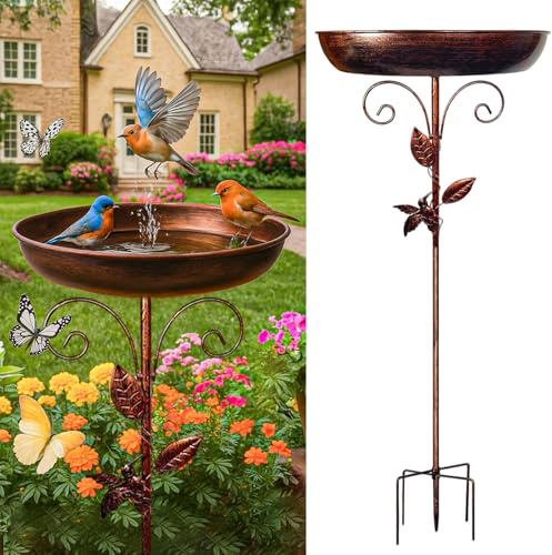KoolShiro 35In Metal Bird Bath for Garden, 5 Pronged Base and Detachable Metal Stake, Sturdy Garden Birdbath, Vintage Freestanding Bird Bath for Patio Yard Lawn Decor, Durable Bird Bath