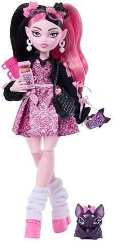Monster High Doll, Draculaura in Pink Bow Dress and Black Cardigan with Pet Bat Count Fabulous and 7 Accessories Like Ramen, Lipstick and Purse
