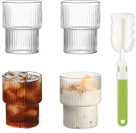 UptVin 4 Stück Geriffelte Gläser Kaffeegläser Set, 300ML Gerippt Trinkgläser, Klar Eiskaffee Tassen mit Schwammbürste Tasse, Stapelbar Wassergläser für Cocktails Whiskey Tee Soda Kaffee