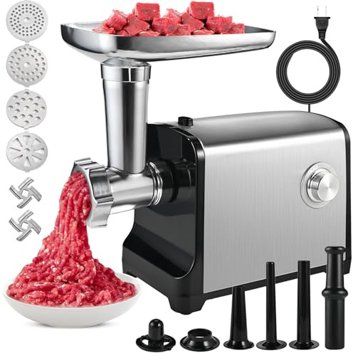 Molinillo eléctrico de carne, [3500 W máximo] Molinillo de carne resistente para uso doméstico, relleno de salchichas con 2 cuchillas, 4 placas de molienda, 3 tubos de salchicha, kit de kibbe, acero