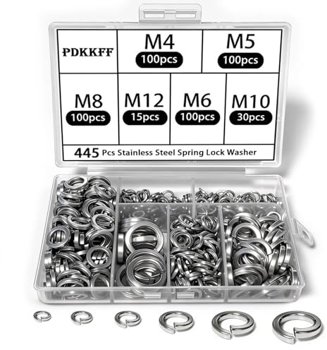 PDKKFF 445 Stycken Säkerhetsfjädrade Skivor i Rostfritt Stål Set, Silverfärgade Fjäderskivor M4/M5/M6/M8/M10/M12 -Form B DIN 127 för Skruv Mutter Bult