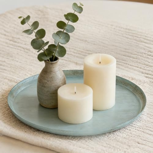 Sziqiqi Green Decorative Tray Round: Vintage Metal Candle Tray for Coffee Table Decor - Sage Green Table Centrepiece Farmhouse Display for Living Room Kitchen Counter Bathroom