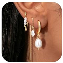 Turandoss 3 Paar Ohrringe Gold Set für Damen, 14K Vergoldete Hypoallergene Perlenohrringe Hängend Ohrringe Perlen Hängend Medizinische Ohrstecker Perle Perlenohrringe Gold für Mehrere Piercings