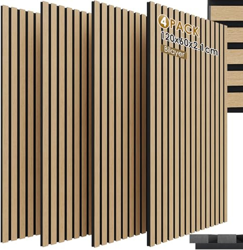 Clevich 3D Akustikpaneler 120x60x2,1cm, 2,88m² - 4 Stycken, Väggpaneler med Träliknande Utseende, Väggbeklädnad för Effektiv ljudisolering, med Filtisolering, för Vardagsrum, Kontor, Garderob, Ek