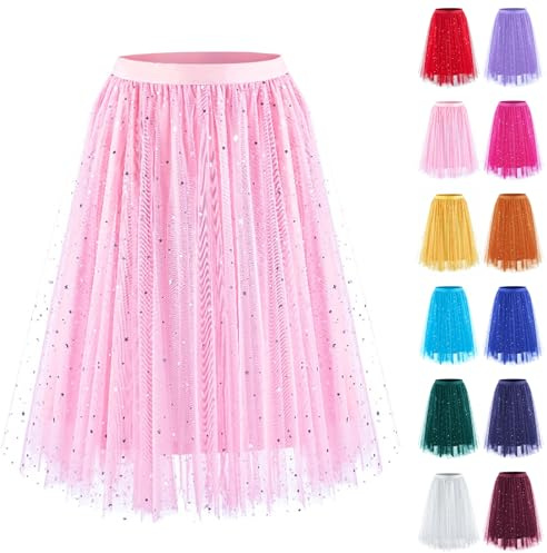 Jupe en tulle longue pour femme avec paillettes : taille haute, jupe tutu à paillettes, jupe en maille multicouche, jupes bouffantes, costume de carnaval, costume de ballet, jupe de danse, cosplay