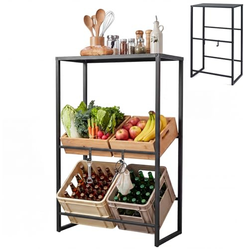 COSTWAY 3-Tier Drink Crate Rack, Metal Bottle Storage Shelf with 3 Adjustable Angles & 2 Hooks for Water Fruit Vegetable Box, Bottle Crate Stand for Kitchen Bar Shop, 170kg Load (69.5 x 32 x 112cm)