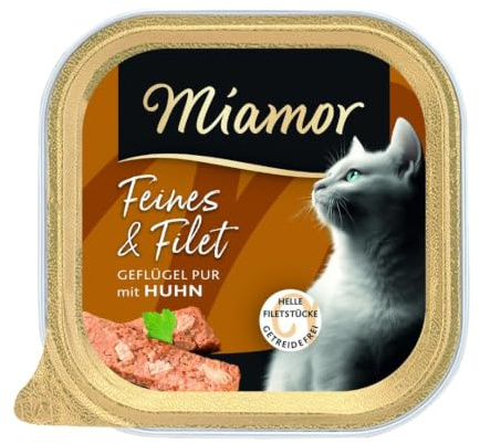 Miamor - Filete Fino | Comida húmeda para Gatos Adultos con trozos de Filete claros. Alimento complementario bajo en Grasa en el Cuenco sin aditivos Artificiales | 16 x 100 g de Aves de Corral Puro y