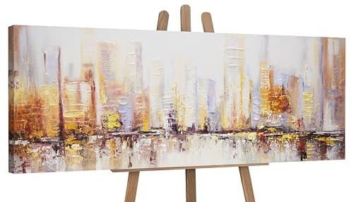 YS-Art Cuadro pintura abstracta hecho a mano Abstracto Mañana en la ciudad Pintado en acrílico Paisaje urbano Colores vivos 150x50 cm