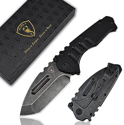 AUBEY Klappmesser Tanto Messer mit Clip, Scharfe Taschenmesser mit 440C Stahl Klinge, Schwarz G10 Griff, Glasbrecher, Geschenkbox - Pocket Knife für Outdoor Survival Jagd