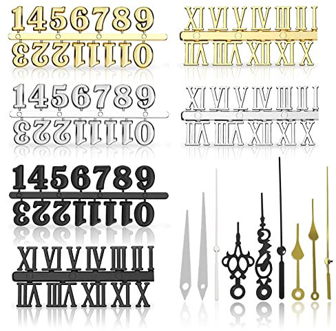 VEGCOO 9 Stück Uhrenziffer Kit Uhrenzubehör Set Uhren Digitalkarten Römische Ziffern Zahlen Uhrzeiger in Gold Silber Und Schwarz Dreifarbig Uhrenzubehör DIY