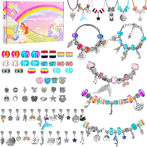 LauCentral Cadeau Fille 5-13 Ans, Kit de Fabrication de Bracelets, Kits de Bijoux et Perles pour Enfants, DIY Charms Bracelet, Jouet Fille, Cadeau de Noël, Anniversaire