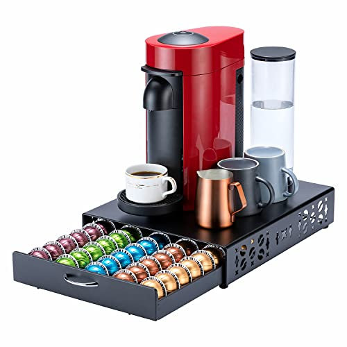 FlagShip Soporte para cápsulas Nespresso Vertuo, organizador de cápsulas de almacenamiento, diseño de barra de café y soporte de máquina de café, metal negro (capacidad de 50 cápsulas)