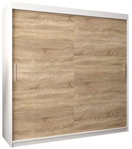 MEBLE KRYSPOL Tokyo 200 Kleiderschrank mit Zwei Schiebetüren für Schlafzimmer – moderner Aufbewahrungsschrank mit Kleiderstange und Regalen – 200x200x62cm - Mattweiß + Sonoma