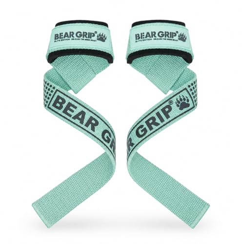 BEAR GRIP Straps - Premium Neoprene padded Heavy Duty double stitched weight lifting gym straps, Gel grip, 100% cotton, Extra long length (Pastel Aqua)