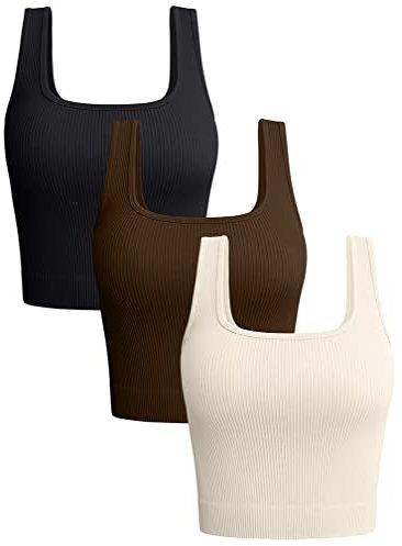 OQQ Damen 3-teiliges Tank-Top Gerippt Nahtlos Workout-Shirts Yoga Bauchfreies Top Schwarz Kaffee Beige