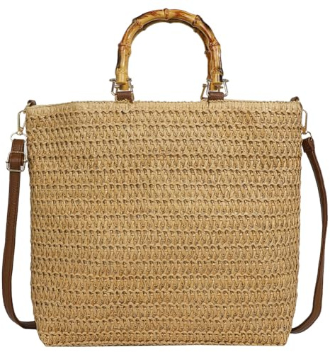 CRGANGZY Women Straw Woven Handwoven Hobo Bag Large Capacity Stylish Crossbody Bag with Bamboo Handle Drawstring for Party Vacation (Khaki)