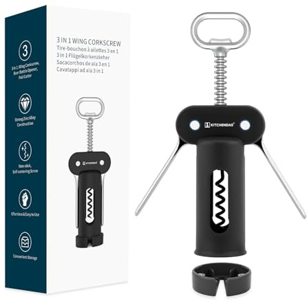 KITCHENDAO 3 in 1 Wing Corkscrew Wine Bottle Opener with Foil Cutter, Built-in Beer Bottle Opener, Multifunctional Wine Opener with Non-Stick Sharp Screw, Easy to Use, Manual Wine Corkscrew, Black