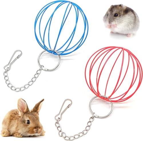 AMJKEJI 2 Pcs Rabbit Hay Feeder Rabbit Hay Ball Stainless Pet Hay Rack Pet Toy Rabbit Grass Ball for Hamsters Guinea Pig Small Animal Pet (Blue, Red)