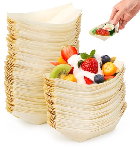 LPZMPZ 100 Piezas Cuencos Bowls Aperitivos Bols Desechables EcolóGicos y Biodegradables Barquitas de Madera para Aperitivos Fiesta Papas Fritas Currywurst Sushi Catering