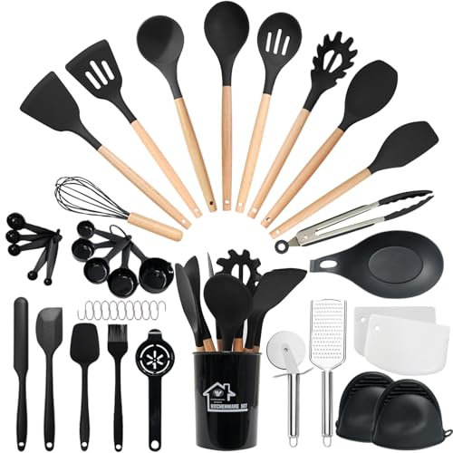 Bestdin Set di utensili da cucina – Set di 43 utensili da cucina in silicone con manico in legno, pinze antiaderenti, spatola, cucchiaio, set di utensili da cucina in silicone resistente al calore