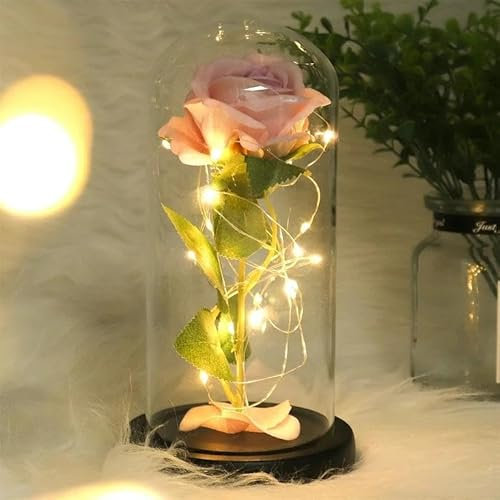 SwiftEssentials Pink Rose for Wife/Mother/Girlfriend/Grandma Perfect for a Special Occasion Artificial Rose in Glass Dome With LED Lighting Strip Birthday/Anniversary/Mother's Day/Valentine's Day