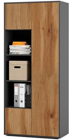 SIMPLYFURN Büroschrank Amira T30, Schrank mit DREI offenen Fächern, Anthrazit & Eiche Wotan, Push-to-Open, 180x80x40 cm, Aktenschrank für Büro und Homeoffice