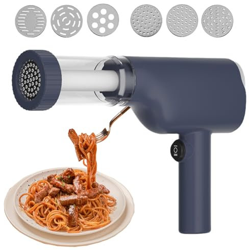 Máquina de Pasta Eléctrica de Mano, 1500mAh Máquina de Pasta Eléctrica Portátil con 6 Moldes 40W Máquina de Pasta Eléctrica Recargable para Hacer Espaguetis/Fettuccine (Azul)