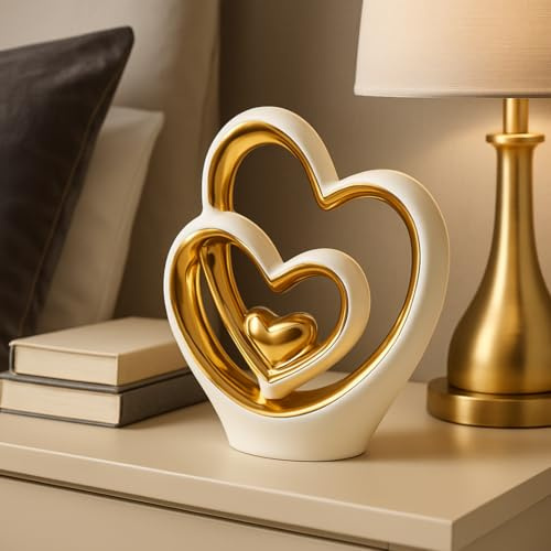 The Enchanted Garden Bringing Gardens To Life Gold Heart Ornament – White & Gold Ceramic Decoration – Modern Couple Sculpture – Wedding Gift – Ornaments for Living Room (25.5cm)