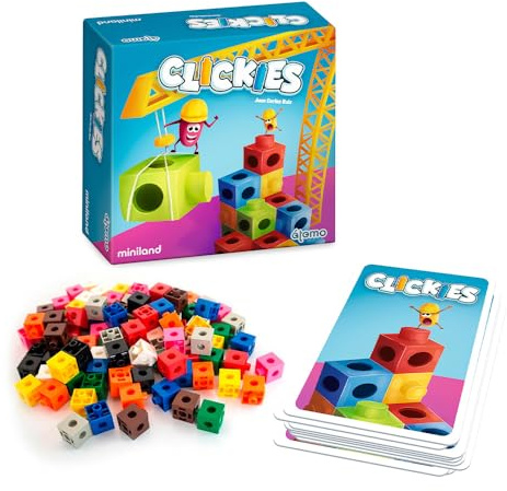 Miniland Juego de Mesa Educativo para Niños +6 Años, Desafíos con Cartas y Policubos, Creatividad, Velocidad y Diversión en Familia | Clickies