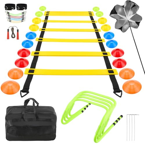 Eirolace Kit Entraînement Foot - Échelle Coordination 6m, 20 Plot, Haies Réglables, Corde à Sauter & Bandes Résistance | Set Complet Sac Transport | Accessoire Foot pour Ados & Adultes