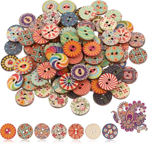 100 Boutons Bois Vintage 15mm Ronds Mixte Fleurs Formes Naturel Couture DIY