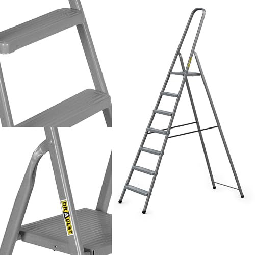 Drabest Home Échelle en Acier avec Finition Revêtement en Poudre et Plateforme – Escabeau 7 Marches avec Plateforme – Escabeau Léger – Échelle Pliable pour la Maison – 125 Kg – 52x219x8cm
