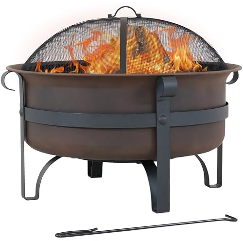 Sunnydaze 29-Inch Wood-Burning Outdoor Fire Pit - Bronze Cauldron Wood Fire Pit for Outside - Includes Poker and Spark Screen