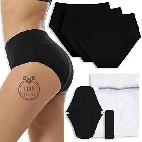 Culotte Menstruelle Flux Abondant en Coton Bio - Lot 3 Culottes Menstruelles Ultra Absorbante - 4 Tampons - Culotte Menstruelle Adolescente Agréable à Porter - Culotte de Regle Confortable (S, Noir)
