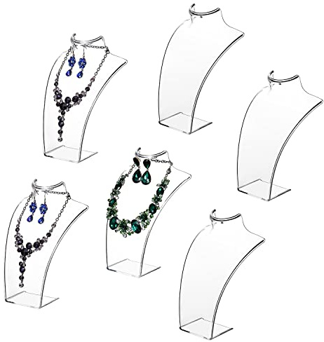 MyGift Acrylic Necklace Holder Jewelry Display Set of 6 for Retail Vendor Bust and Earring Premium Clear Countertop Stand
