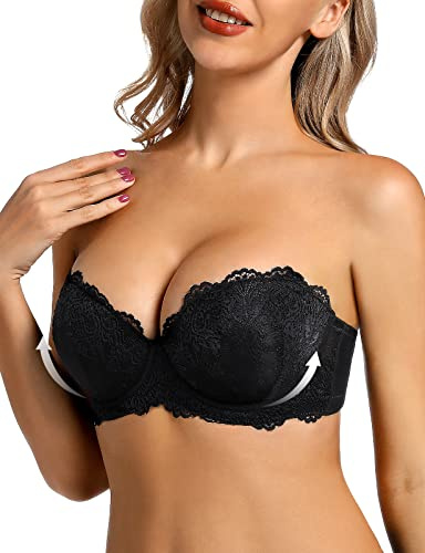 Amafuur Push Up Strapless Bra with Clear Straps Heavily Padded Add 2 Cup Multiway Sexy Lace Balconette Black,32B