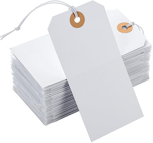 100pcs Large Price Tags with String Attached White Hang Paper Tags with Elastic String Reinforced Hole Writable Mother's Day Tag Inventory Tag 4.76''×2.36''
