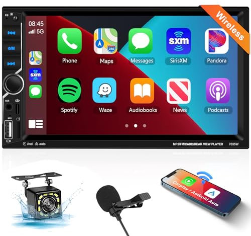 Podofo Upgrade Wireless Double Din Carplay Car Radio with Android Auto Bluetooth 5.1, 7 inch HD Touchscreen Car Stereo with Mirror Link, FM Radio,USB,Type-C Charging,Backup Camera