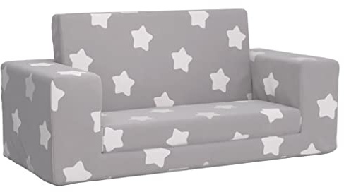 vidaXL Sofá de Niños de 2 Plazas, Sillón con Reposabrazos, Mini Sofá Infantil, Sofá para Dormitorio Sala Juegos, Felpa Suave Gris Claro con Estrellas