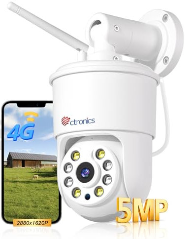 Ctronics 4G Cámara Vigilancia con SIM, Full HD 5MP Definition, Seguimiento Automático, Detección de Humanos/Vehículos/Animales, PC/Smartphone, Visión Nocturna a Color, 128GB TF/Cloud[Todo Metal]
