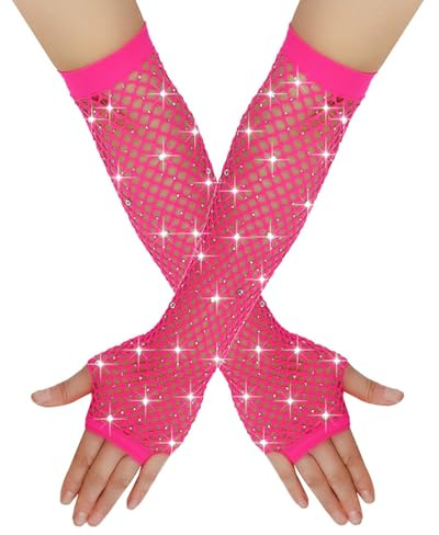 Générique Gants Longs en Résille Femme Gants en Filets avec Strass Mitaines Sans Doigts Gants d'opéra Etincelants pour Fête de Années 80 Disco Mascarade Carnaval Accessoires de Costume