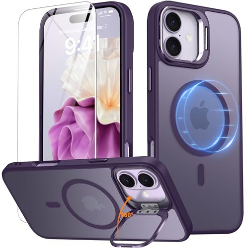 Oterkin Magnetic & Stand for iPhone 16 Case with 9H Screen Protector [Fit for Magsafe][Lens Metal KickStand][Colorful Frame] Translucent Matte Back Slim Shockproof Phone Case for iPhone 16, Purple