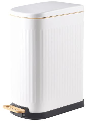 ELPHECO Slim Bathroom Trash Can Foot-Operated Stainless Steel Garbage Can with Soft Close Lid Step Trash Bin with Removable Inner Bucket for Bedroom, Office, Kitchen (White, 3.5 Gallons)